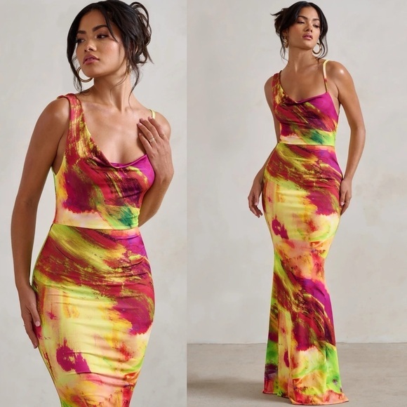 Club L PHANTASY LIME PRINT NECKLINE COWL MAXI DRESS Rainbow size 2 Sexy Disco - Picture 10 of 10